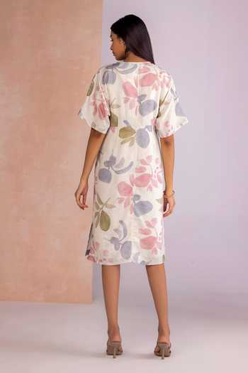 Shop_Kaveri_Off White Linen V-neck Tropical Oasis Cinched Dress _at_Aza_Fashions