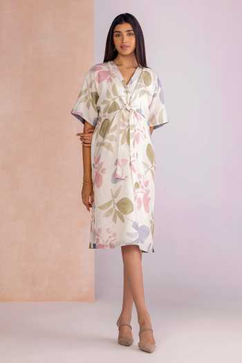 Buy_Kaveri_Off White Linen V-neck Tropical Oasis Cinched Dress _at_Aza_Fashions