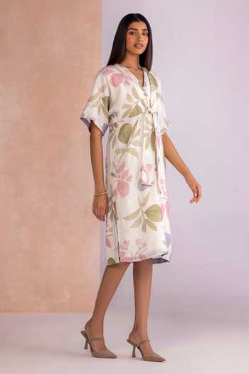Buy_Kaveri_Off White Linen V-neck Tropical Oasis Cinched Dress _Online_at_Aza_Fashions