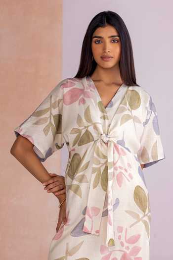 Shop_Kaveri_Off White Linen V-neck Tropical Oasis Cinched Dress _Online_at_Aza_Fashions