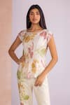 Buy_Kaveri_Off White Linen Round Neck Tropical Oasis Tuck Top _at_Aza_Fashions