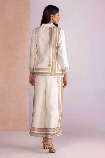 Shop_Kaveri_Off White Linen Collared Stripe Drama Shirt Pant Set _at_Aza_Fashions