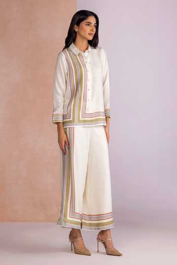Buy_Kaveri_Off White Linen Collared Stripe Drama Shirt Pant Set _Online_at_Aza_Fashions