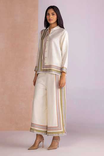 Shop_Kaveri_Off White Linen Collared Stripe Drama Shirt Pant Set _Online_at_Aza_Fashions