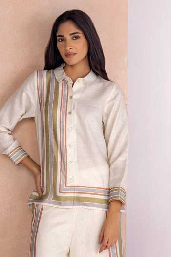 Kaveri_Off White Linen Collared Stripe Drama Shirt Pant Set _at_Aza_Fashions
