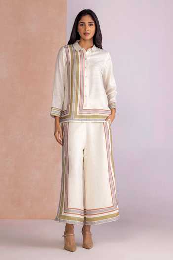 Buy_Kaveri_Off White Linen Collared Stripe Drama Shirt Pant Set 
