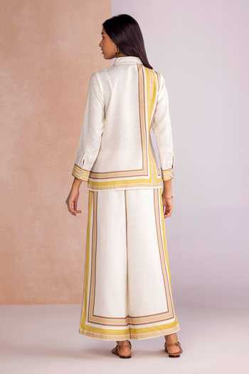 Shop_Kaveri_Off White Linen Collared Stripe Drama Shirt Pant Set _at_Aza_Fashions