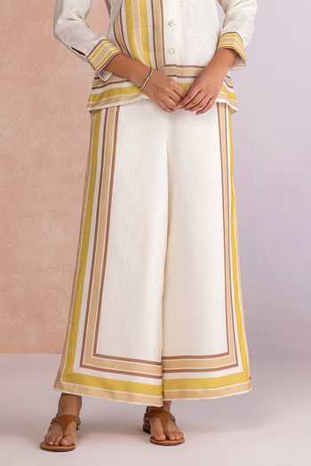 Kaveri_Off White Linen Collared Stripe Drama Shirt Pant Set _Online_at_Aza_Fashions