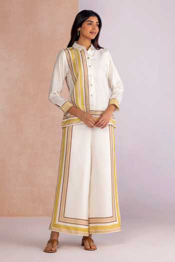 Buy_Kaveri_Off White Linen Collared Stripe Drama Shirt Pant Set _at_Aza_Fashions