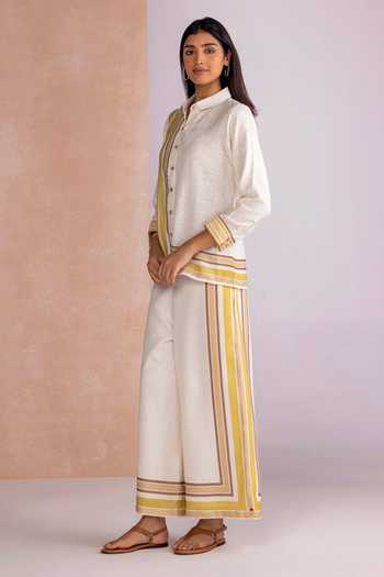 Buy_Kaveri_Off White Linen Collared Stripe Drama Shirt Pant Set _Online_at_Aza_Fashions