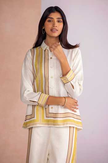 Shop_Kaveri_Off White Linen Collared Stripe Drama Shirt Pant Set _Online_at_Aza_Fashions