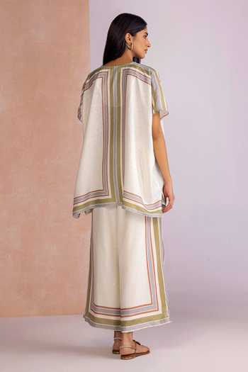 Shop_Kaveri_Off White Linen V-neck Stripe Drama Square Top _at_Aza_Fashions