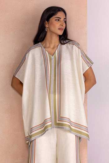 Buy_Kaveri_Off White Linen V-neck Stripe Drama Square Top _at_Aza_Fashions