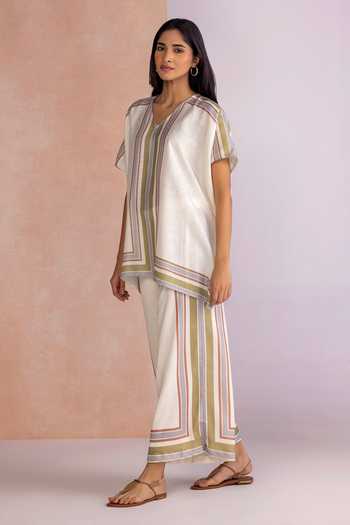 Buy_Kaveri_Off White Linen V-neck Stripe Drama Square Top _Online_at_Aza_Fashions