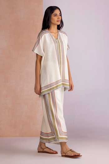 Shop_Kaveri_Off White Linen V-neck Stripe Drama Square Top _Online_at_Aza_Fashions