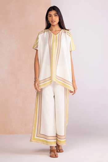 Buy_Kaveri_Off White Linen V-neck Stripe Drama Square Top Pant Set _at_Aza_Fashions