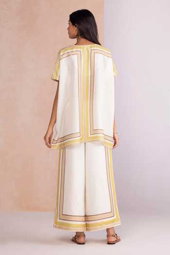 Shop_Kaveri_Off White Linen V-neck Stripe Drama Square Top Pant Set _at_Aza_Fashions