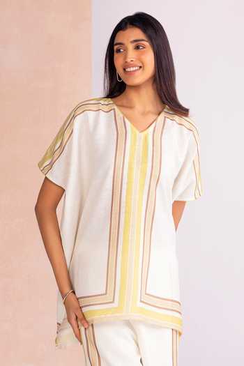Buy_Kaveri_Off White Linen V-neck Stripe Drama Square Top Pant Set _Online_at_Aza_Fashions