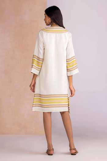 Shop_Kaveri_White Linen V-neck Stripe Drama Gypsy Short Dress _at_Aza_Fashions