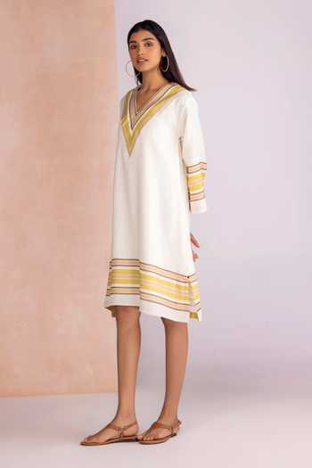 Kaveri_White Linen V-neck Stripe Drama Gypsy Short Dress _Online_at_Aza_Fashions