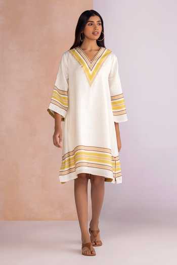 Buy_Kaveri_White Linen V-neck Stripe Drama Gypsy Short Dress _at_Aza_Fashions