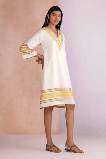 Buy_Kaveri_White Linen V-neck Stripe Drama Gypsy Short Dress _Online_at_Aza_Fashions