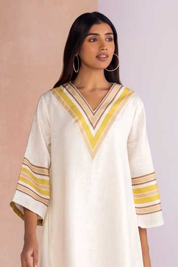 Shop_Kaveri_White Linen V-neck Stripe Drama Gypsy Short Dress _Online_at_Aza_Fashions