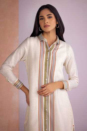 Buy_Kaveri_Off White Linen Mandarin Collar Stripe Drama Shirt Dress _Online_at_Aza_Fashions