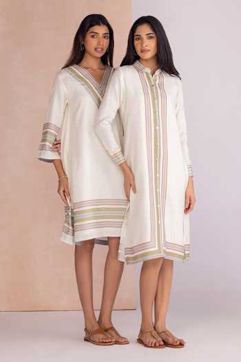 Shop_Kaveri_Off White Linen Mandarin Collar Stripe Drama Shirt Dress _at_Aza_Fashions