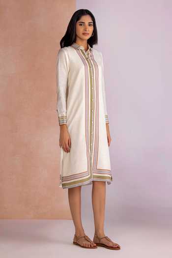 Kaveri_Off White Linen Mandarin Collar Stripe Drama Shirt Dress _Online_at_Aza_Fashions