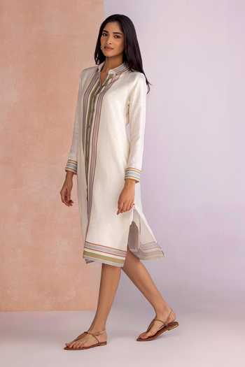 Shop_Kaveri_Off White Linen Mandarin Collar Stripe Drama Shirt Dress _Online_at_Aza_Fashions