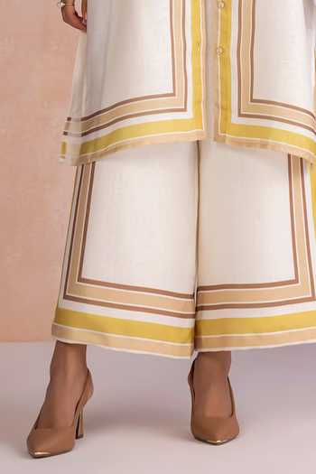 Kaveri_White Linen Band Collar, Round Neck Stripe Drama Jacket And Pant Set _Online_at_Aza_Fashions