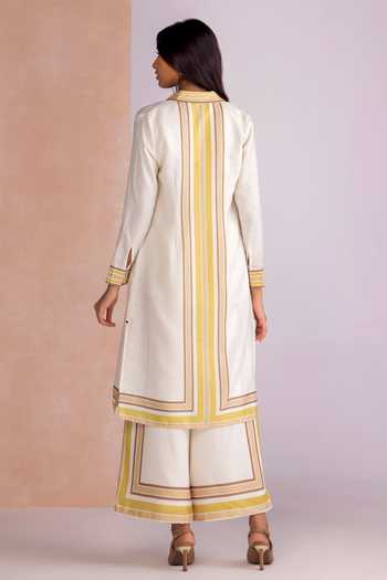 Shop_Kaveri_White Linen Band Collar, Round Neck Stripe Drama Jacket And Pant Set _at_Aza_Fashions