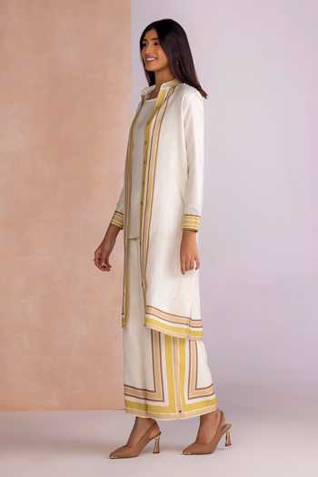 Buy_Kaveri_White Linen Band Collar, Round Neck Stripe Drama Jacket And Pant Set _Online_at_Aza_Fashions