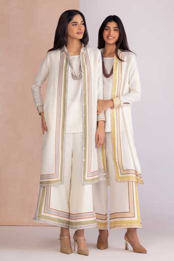 Shop_Kaveri_White Linen Band Collar, Round Neck Stripe Drama Jacket And Pant Set _Online_at_Aza_Fashions