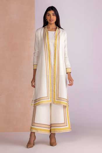 Kaveri_White Linen Band Collar, Round Neck Stripe Drama Jacket And Pant Set _at_Aza_Fashions