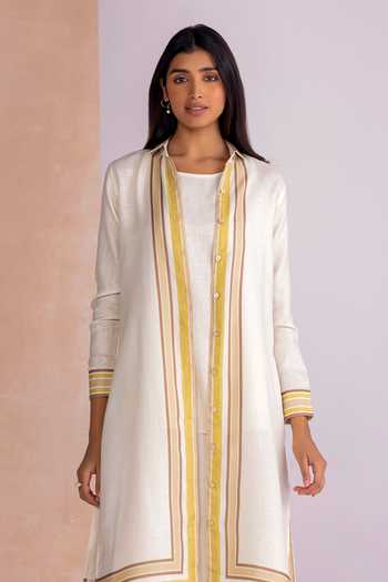 Shop_Kaveri_White Linen Band Collar, Round Neck Stripe Drama Jacket And Pant Set 