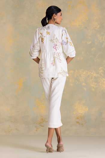 Shop_Kaveri_Off White Linen Lace, Foil Printing Mandarin Botanique Printed Top And Pant Set _at_Aza_Fashions