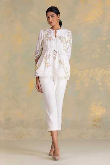 Kaveri_Off White Linen Lace, Foil Printing Mandarin Botanique Printed Top And Pant Set _Online_at_Aza_Fashions