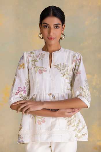 Buy_Kaveri_Off White Linen Lace, Foil Printing Mandarin Botanique Printed Top And Pant Set _Online_at_Aza_Fashions