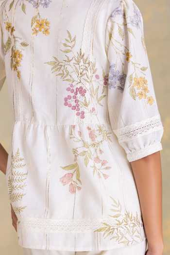 Shop_Kaveri_Off White Linen Lace, Foil Printing Mandarin Botanique Printed Top And Pant Set _Online_at_Aza_Fashions