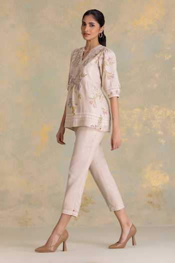 Kaveri_Off White Linen Lace, Zari Mandarin Collar Botanique Printed Top With Pant _Online_at_Aza_Fashions