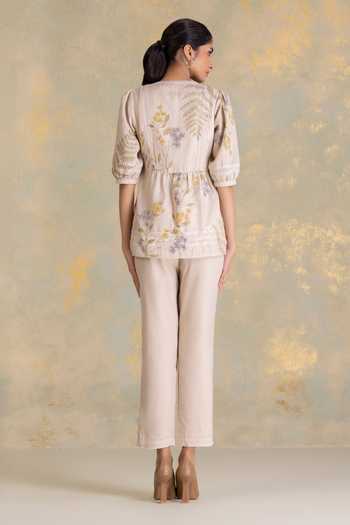 Shop_Kaveri_Off White Linen Lace, Zari Mandarin Collar Botanique Printed Top With Pant _at_Aza_Fashions