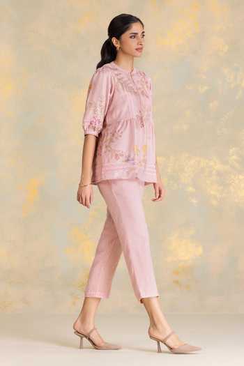 Buy_Kaveri_Pink Linen Zari, Lace Mandarin Collar Botanique Printed Top _Online_at_Aza_Fashions