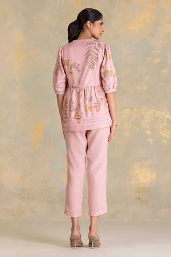 Shop_Kaveri_Pink Linen Zari, Lace Mandarin Collar Botanique Printed Top _at_Aza_Fashions