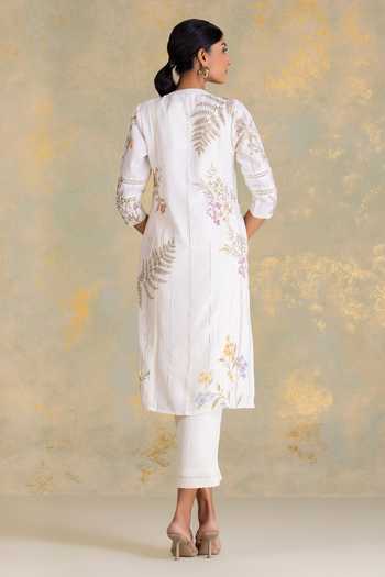 Shop_Kaveri_Off White Linen Lace, Tassels Mandarin Collar Botanique Printed Kurta And Pant Set _at_Aza_Fashions