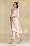 Kaveri_Off White Linen Zari, Lace Mandarin Collar, Keyhole Neck Botanique Printed Kurta _Online_at_Aza_Fashions