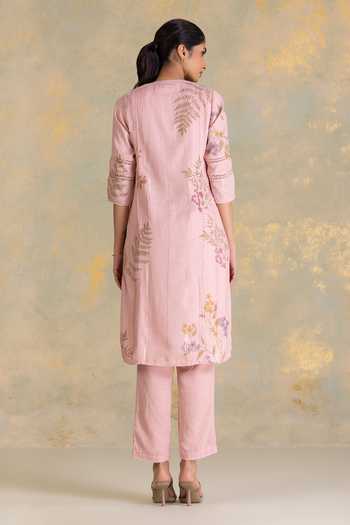 Shop_Kaveri_Pink Linen Zari, Lace Mandarin Collar Botanique Printed Kurta And Pant Set _at_Aza_Fashions