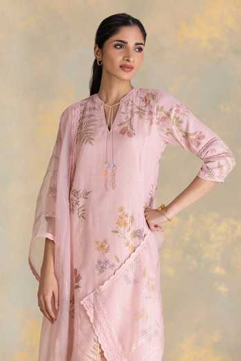 Buy_Kaveri_Pink Linen Zari, Lace Mandarin Collar Botanique Printed Kurta And Pant Set _Online_at_Aza_Fashions