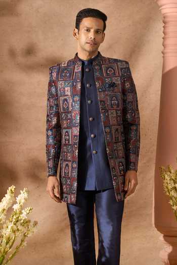 Shop_Arihant Rai Sinha_Multi Color Silk Embroidery Art Sherwani Jacket Set _Online_at_Aza_Fashions